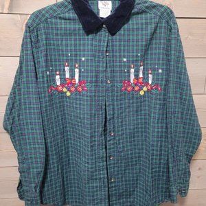 Christmas Shirt Vintage Candles Button Up Womens M Plaid